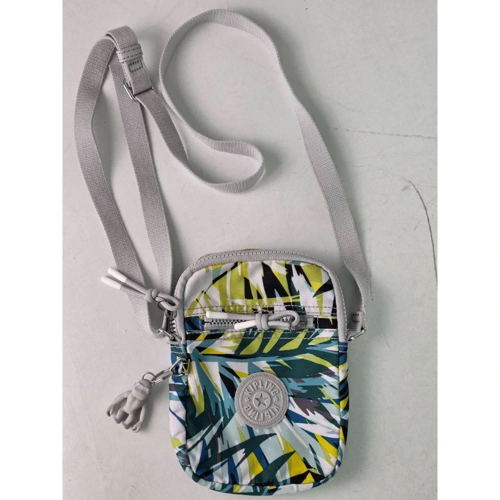 Kipling Small Crossbody Travel Bag‎ Gray Green Blue Zip Pocket Gorilla Keychain